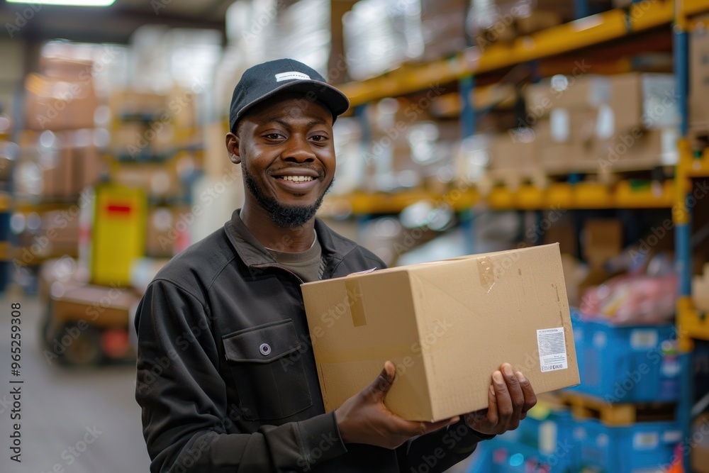 warehouse worker smiling holding a package. shipping and distribution warehouse worker smiling holding a package. shipping and distribution