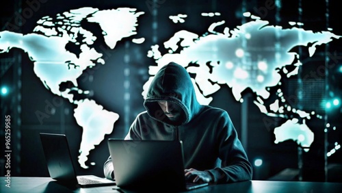 Hacker in Dark Environment with Map Projection – Individual in a hoodie using multiple computers with a world map projection.
 photo