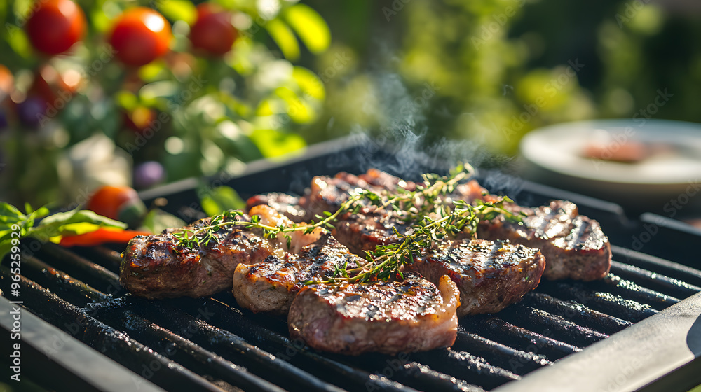 Steaks grilling on a barbecue with thyme sprigs and tomatoes in the background. Steaks grilling on a barbecue with thyme sprigs and tomatoes in the background.