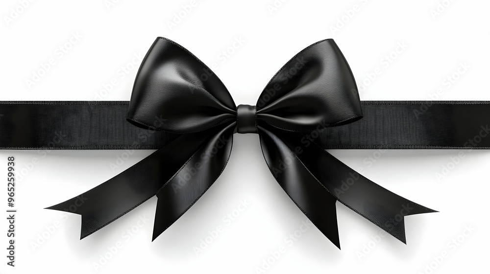 Black Satin Ribbon Bow with Tails Isolated on White Background Black Satin Ribbon Bow with Tails Isolated on White Background