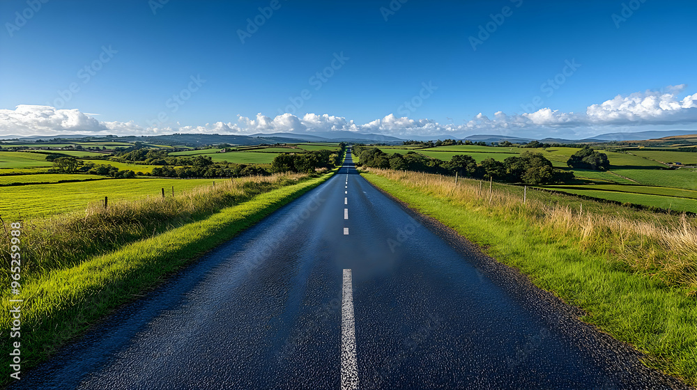 Empty Road Through Rolling Green Hills and Blue Sky Empty Road Through Rolling Green Hills and Blue Sky