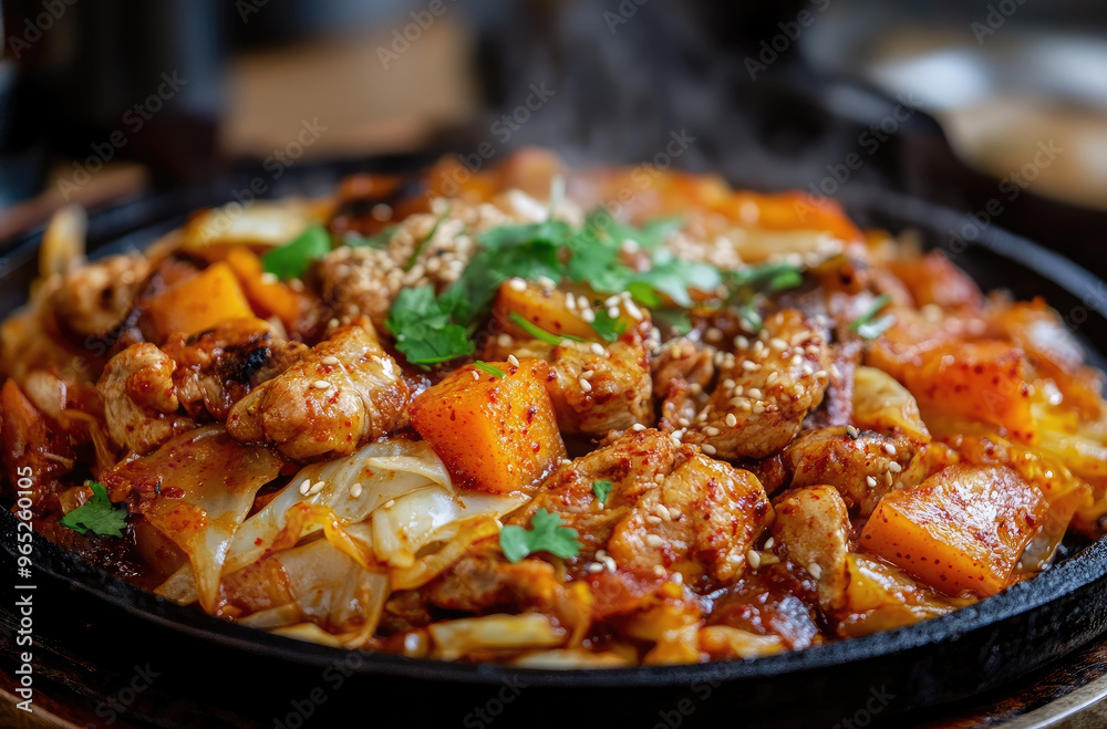 Korean dalk galbi, spicy stir-fried chicken with rice cakes in a fiery sauce Korean dalk galbi, spicy stir-fried chicken with rice cakes in a fiery sauce