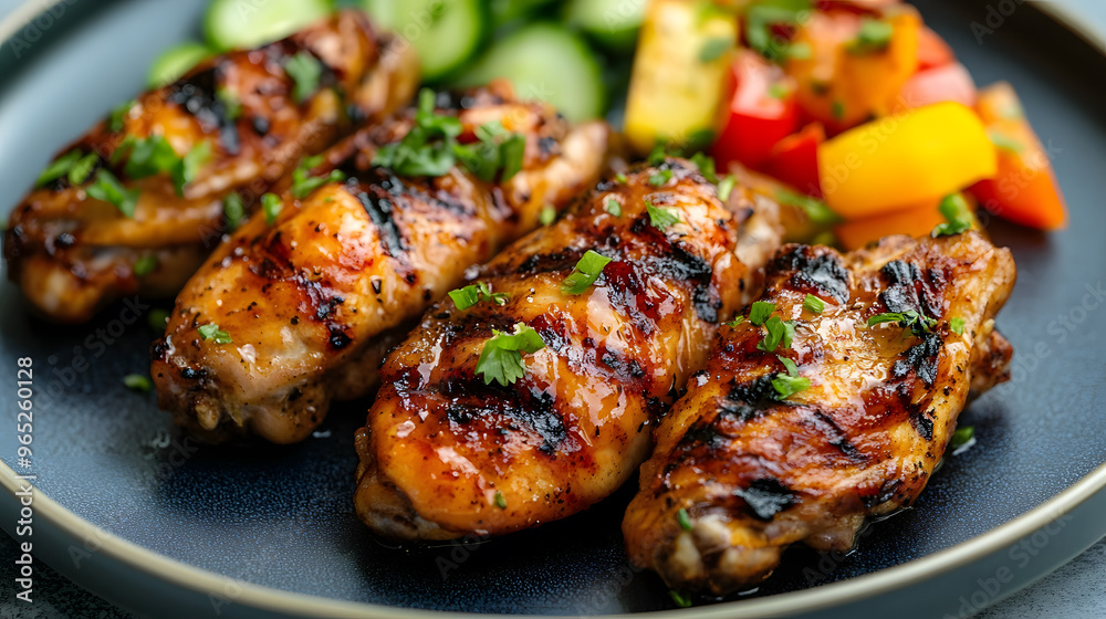 Grilled chicken wings served on a plate with a side of grilled vegetables. Grilled chicken wings served on a plate with a side of grilled vegetables.