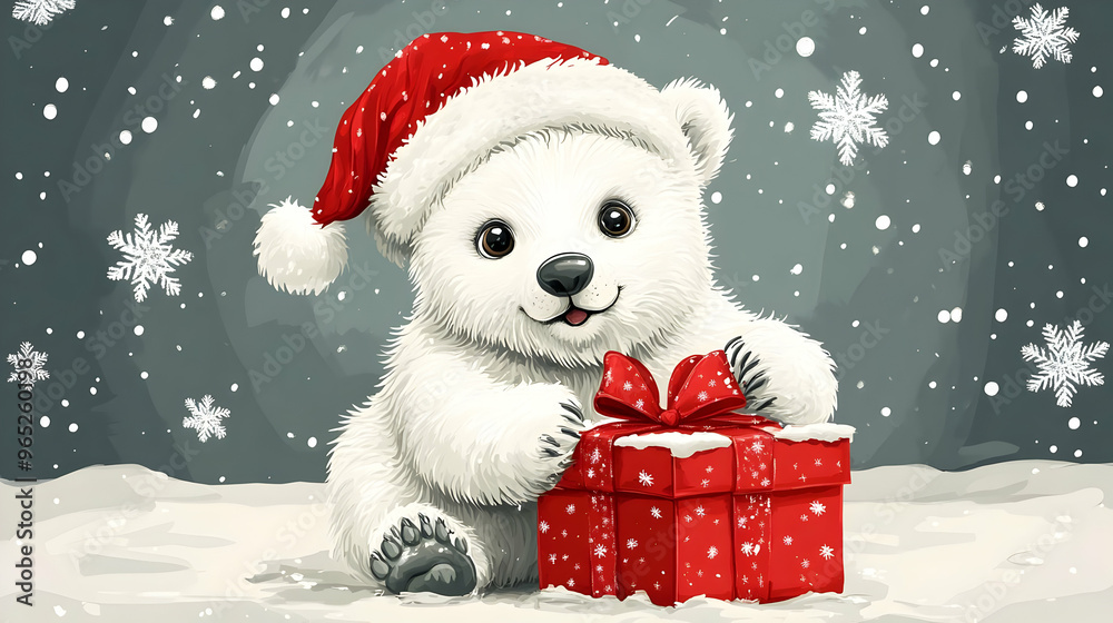 Cute Polar Bear in Santa Hat with Christmas Gift Cute Polar Bear in Santa Hat with Christmas Gift