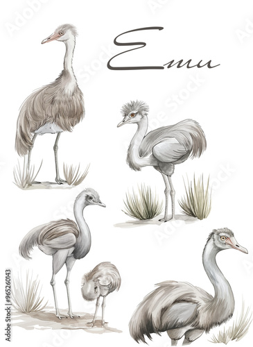 Emu ostrich watercolor illustration. Hand drawn native Australian bird. Single emu side view element. Australia wildlife animal.