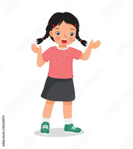 Cute little girl looking surprised with open mouth and arms
