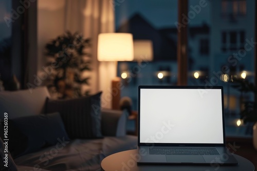 Workspace tabletop close-up with laptop mockup and decor over blurred cozy living room at night