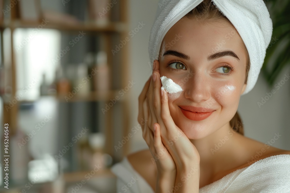 Young attractive woman applies a skin care cream on fresh face Young attractive woman applies a skin care cream on fresh face