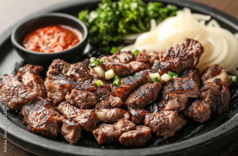 Korean gopchang, grilled beef or pork intestines served with savory dipping sauce Korean gopchang, grilled beef or pork intestines served with savory dipping sauce