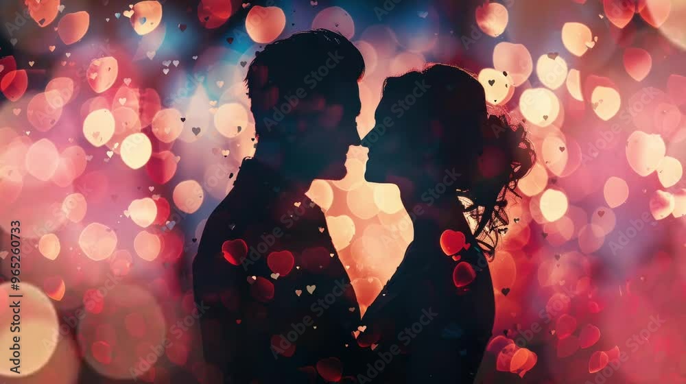 A couple is kissing in the middle of a blurry background of hearts A couple is kissing in the middle of a blurry background of hearts