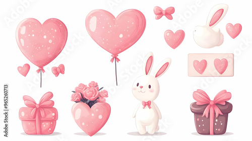 Cute Valentine s Day Clipart Set with Pink Hearts Bunny Balloons and Gifts