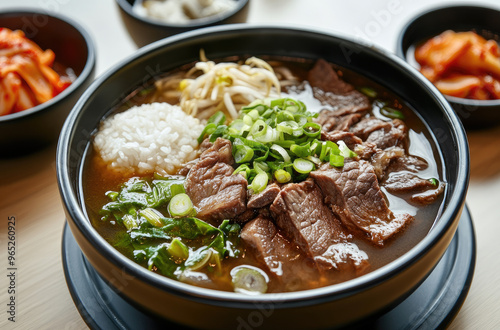 Korean hangover soup, seolleongtang rich ox bone broth with tender meat