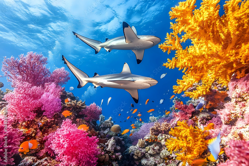 Naklejka premium Two Sharks Swimming Over Vibrant Coral Reef
