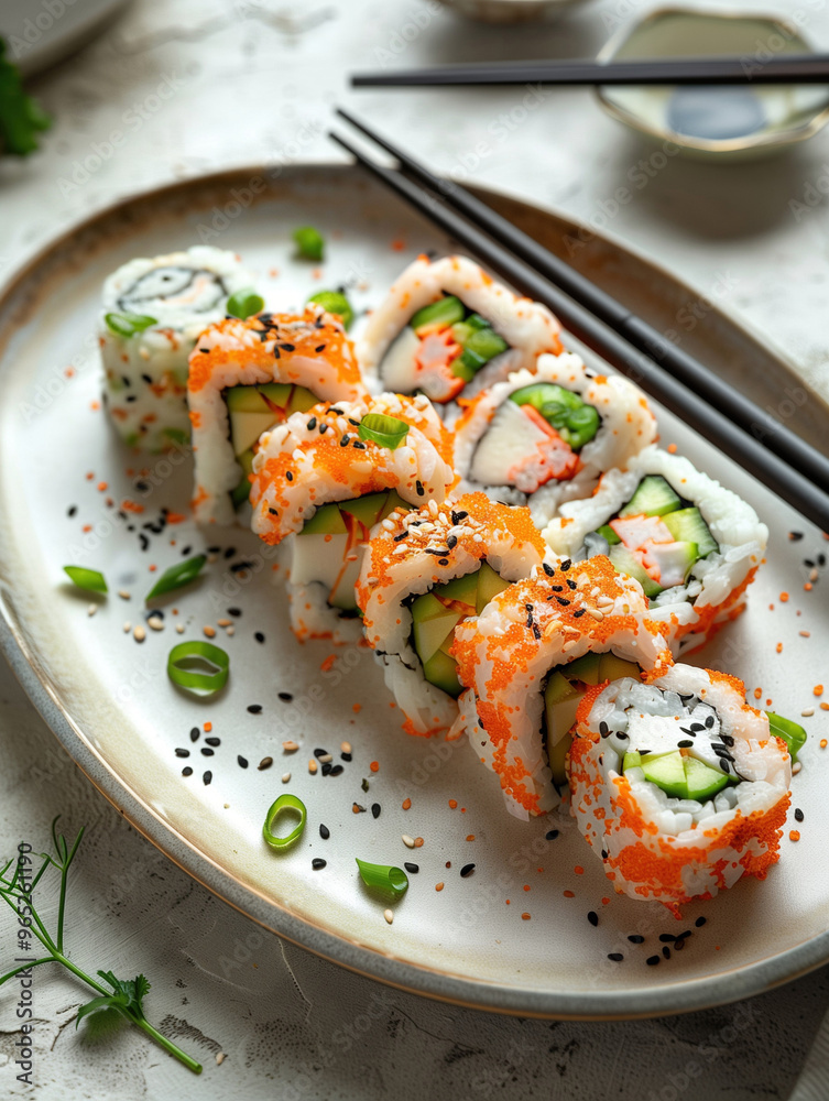 California Roll sushi with crab, avocado, and sesame on ceramic plate, close up Japanese cuisine California Roll sushi with crab, avocado, and sesame on ceramic plate, close up Japanese cuisine