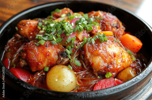 Korean jjimdak, soy-braised chicken with glass noodles and vegetables