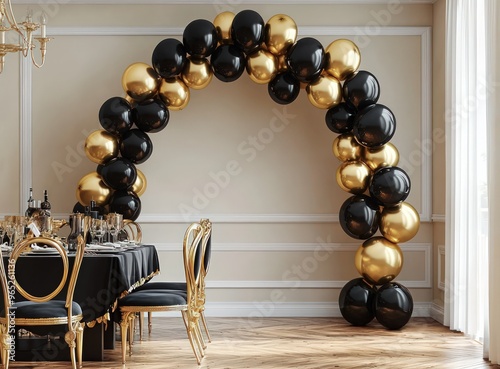 Luxor-inspired dining area with a side view of a gold and black balloon arch.