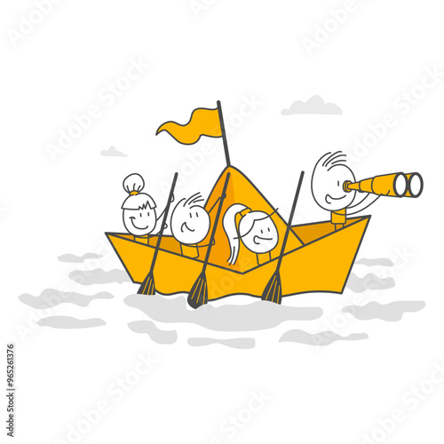 Businessman with binoculars manages origami ship sailing to lead business team.