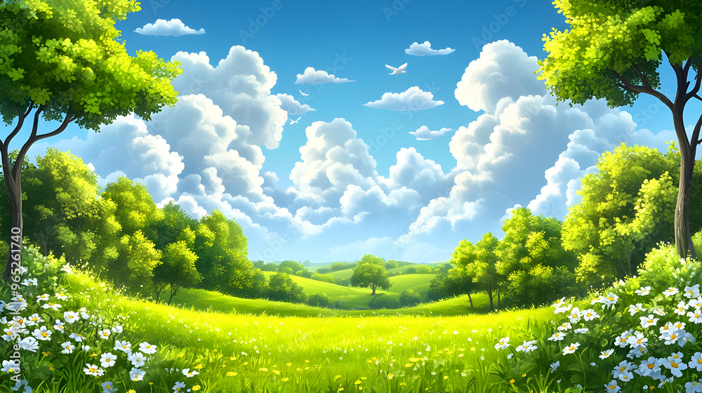 Fototapeta premium Summer Meadow Landscape with Green Trees and White Clouds