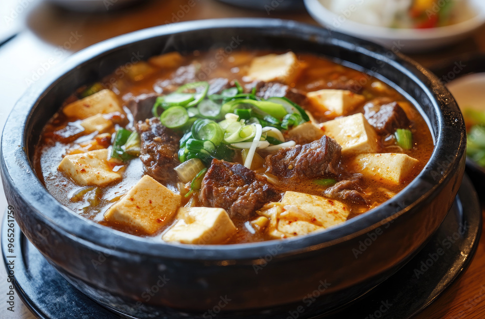 Korean soondubu, soft tofu soup with marinated beef and spicy broth Korean soondubu, soft tofu soup with marinated beef and spicy broth
