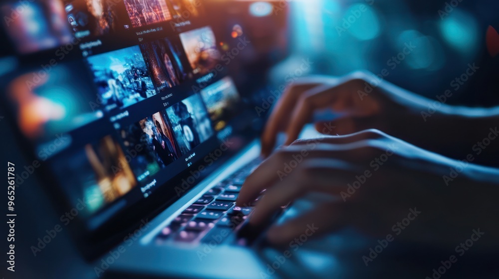 Person Typing on a Laptop with a Screen Full of Images Person Typing on a Laptop with a Screen Full of Images