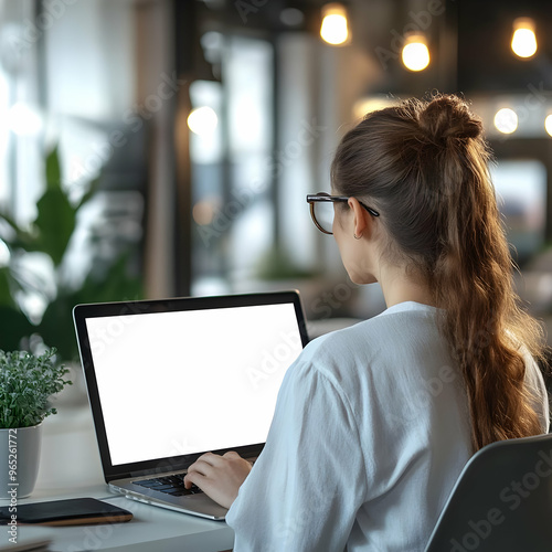 Young Woman Working Remotely on Laptop with Blank Screen - Photo