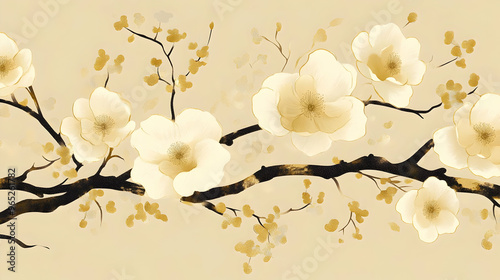 Golden Floral Branch with White Flowers on Beige Background