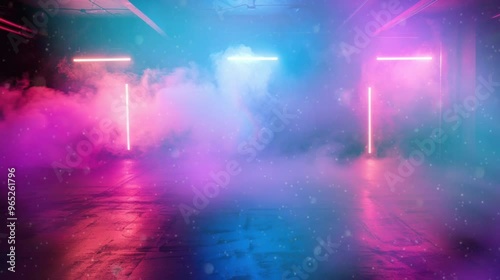 A neon sign with smoke and a purple light. The sign is lit up and the smoke is coming out of it