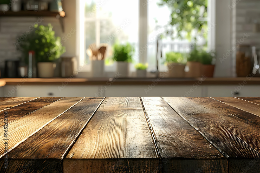 Empty Wooden Kitchen Table Background with Blurred Kitchen in Background Empty Wooden Kitchen Table Background with Blurred Kitchen in Background
