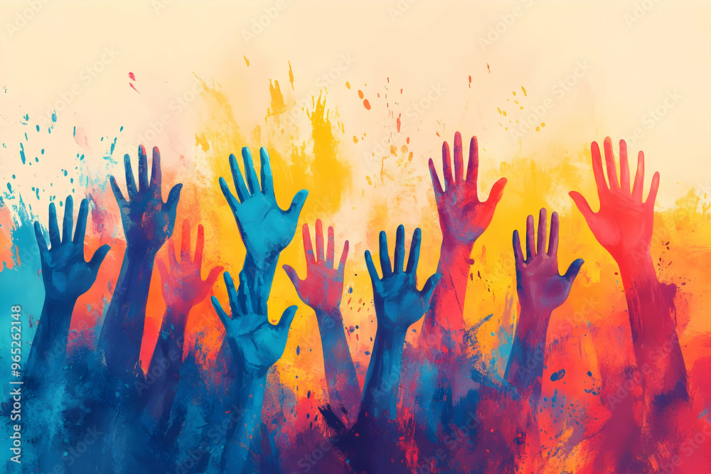 Colorful Hands Raised in Unity Illustration - A Celebration of Diversity and Togetherness Colorful Hands Raised in Unity Illustration - A Celebration of Diversity and Togetherness