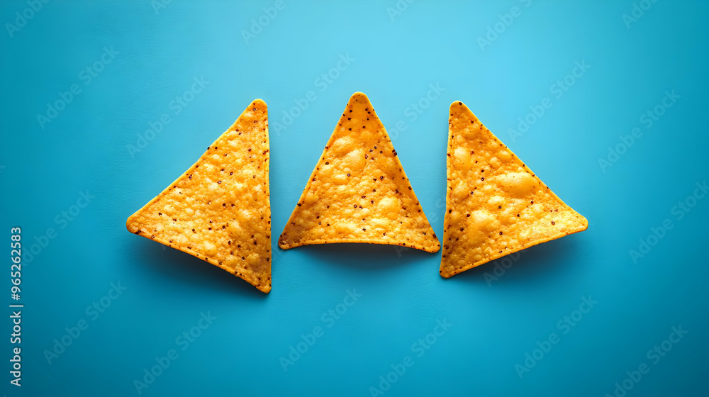 Three Tortilla Chips on Blue Background Three Tortilla Chips on Blue Background
