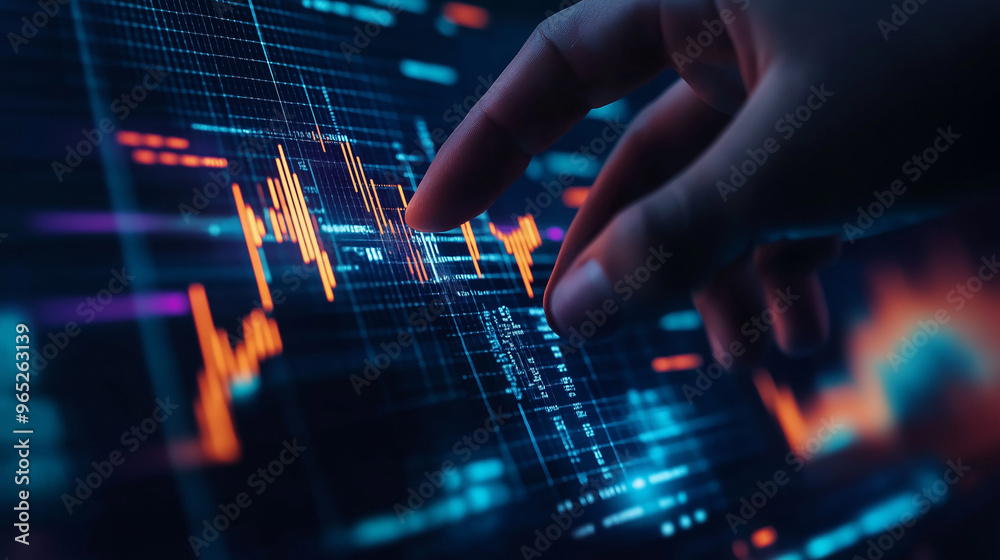 Close-up of a hand pointing at a digital financial graph on a screen, representing data analysis, stock market trends, and investment insights. Close-up of a hand pointing at a digital financial graph on a screen, representing data analysis, stock market trends, and investment insights.
