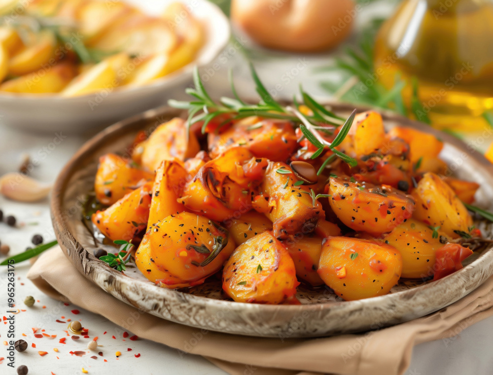 Close up food photo of Patatas Bravas, a traditional Spanish tapas dish Close up food photo of Patatas Bravas, a traditional Spanish tapas dish