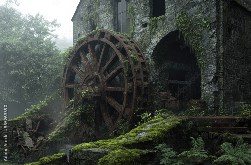 Old mill covered in moss with rusted gears and crumbling stonework Old mill covered in moss with rusted gears and crumbling stonework
