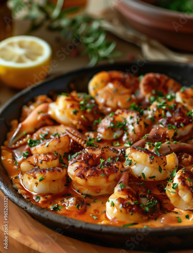 Close up Side View of Pulpo a la Gallega on Wooden Table, Spanish Cuisine Photography