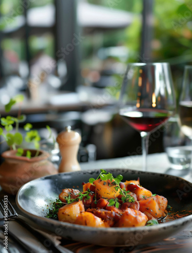 Close up of Expensive Patatas Bravas on Ceramic Plate in Luxurious Restaurant