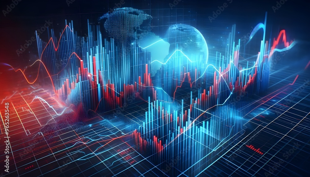Abstract stock market chart with blue and red bars, a line graph on a ...