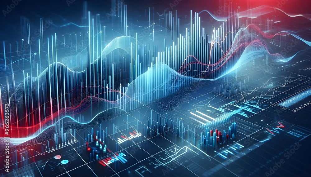 Abstract stock market chart with blue and red bars, a line graph on a grid, representing financial data analysis. 3D Rendering Abstract stock market chart with blue and red bars, a line graph on a grid, representing financial data analysis. 3D Rendering