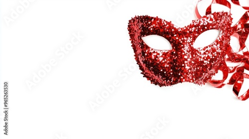 Sparkling red masquerade mask with ribbons on white background