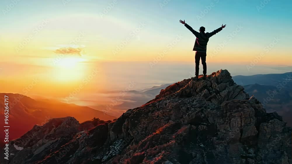 Hiker Celebrates on Mountain Peak at Sunrise with Scenic Views Hiker Celebrates on Mountain Peak at Sunrise with Scenic Views