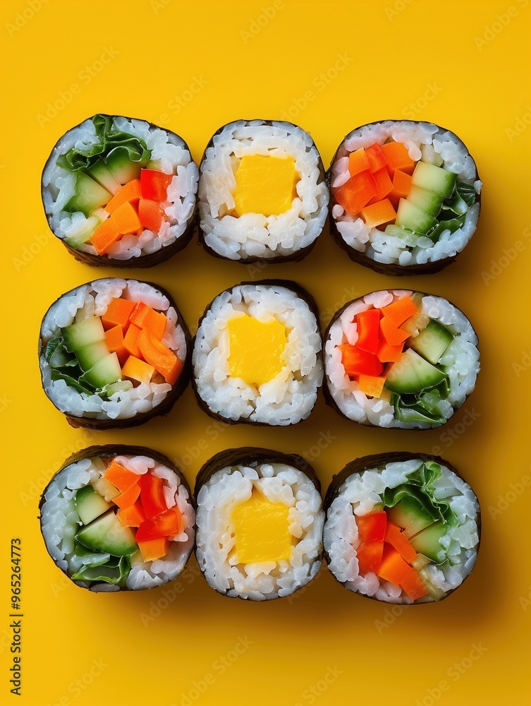 Futomaki sushi with vegetables and omelette on a vivid solid color background, close up