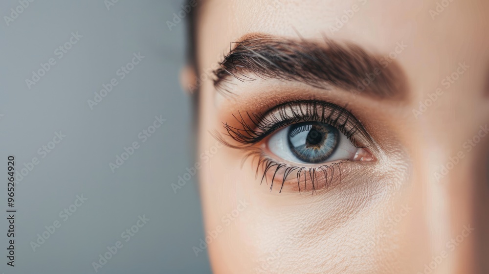 Close-up of a Woman's Eye with Long Eyelashes and Makeup Close-up of a Woman's Eye with Long Eyelashes and Makeup