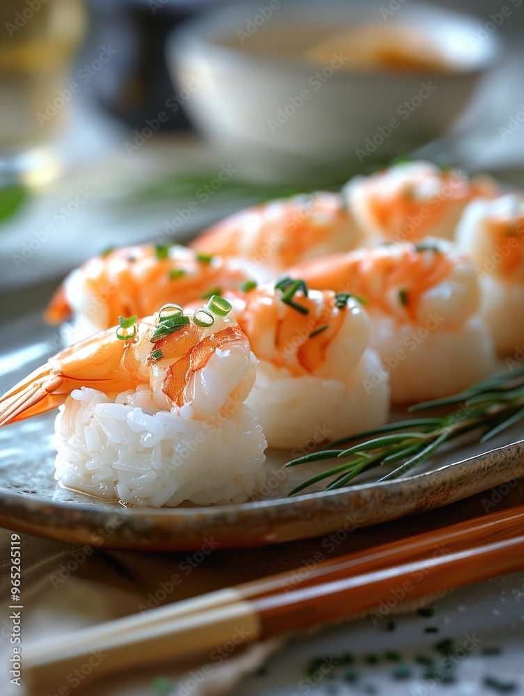Japanese Ebi Nigiri shrimp sushi with rosemary on a light background, close up