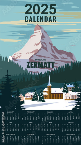2025 Calendar Monthly Zermatt Ski resort poster, retro. Alpes Winter travel card