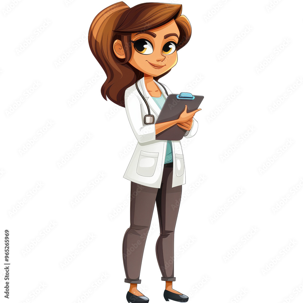Animated female doctor holding a clipboard while wearing a white coat and stethoscope in a cheerful manner Animated female doctor holding a clipboard while wearing a white coat and stethoscope in a cheerful manner