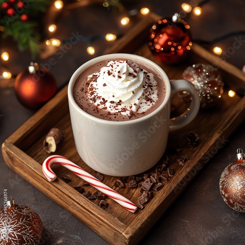 Hot chocolate with whipped cream and candy cane on a wooden tray, surrounded by Christmas decorations and lights.