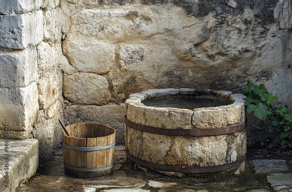 Fototapeta premium Rustic stone well with a wooden bucket and fresh country charm