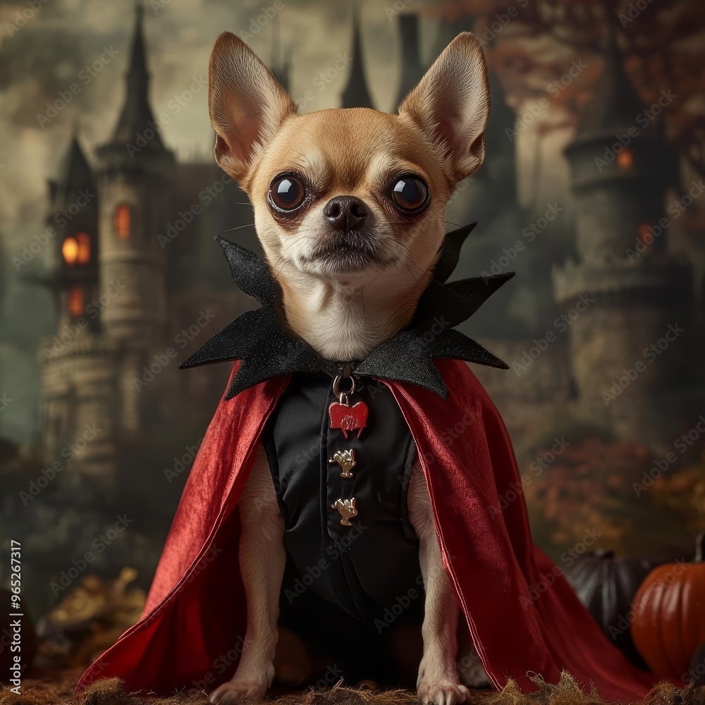 Chihuahua in a Dracula cape standing in front of a spooky castle, Dracula dog, spooky Halloween pet Chihuahua in a Dracula cape standing in front of a spooky castle, Dracula dog, spooky Halloween pet