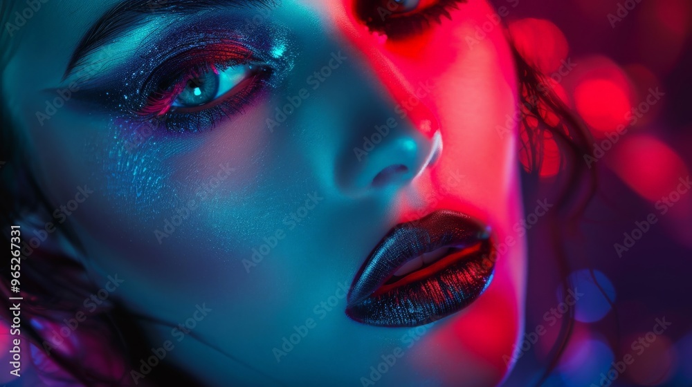 Artistic portrait of a woman with dramatic makeup and lighting