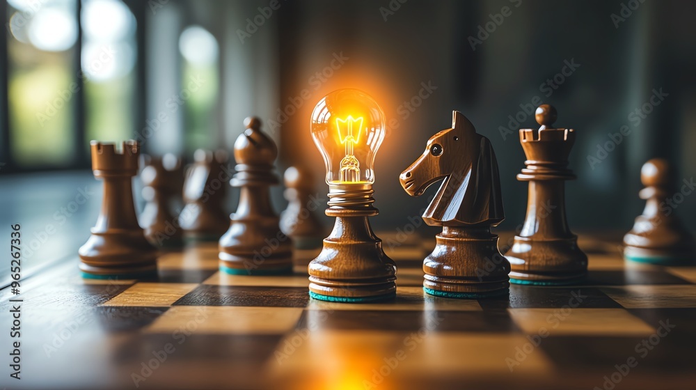 A chess piece transforming into a light bulb as it moves across the board, representing the evolution of strategy into a fresh, innovative idea A chess piece transforming into a light bulb as it moves across the board, representing the evolution of strategy into a fresh, innovative idea
