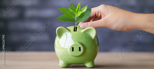 A closeup of an investor s hand placing a green plant into a piggy bank, symbolizing saving with a focus on sustainability photo